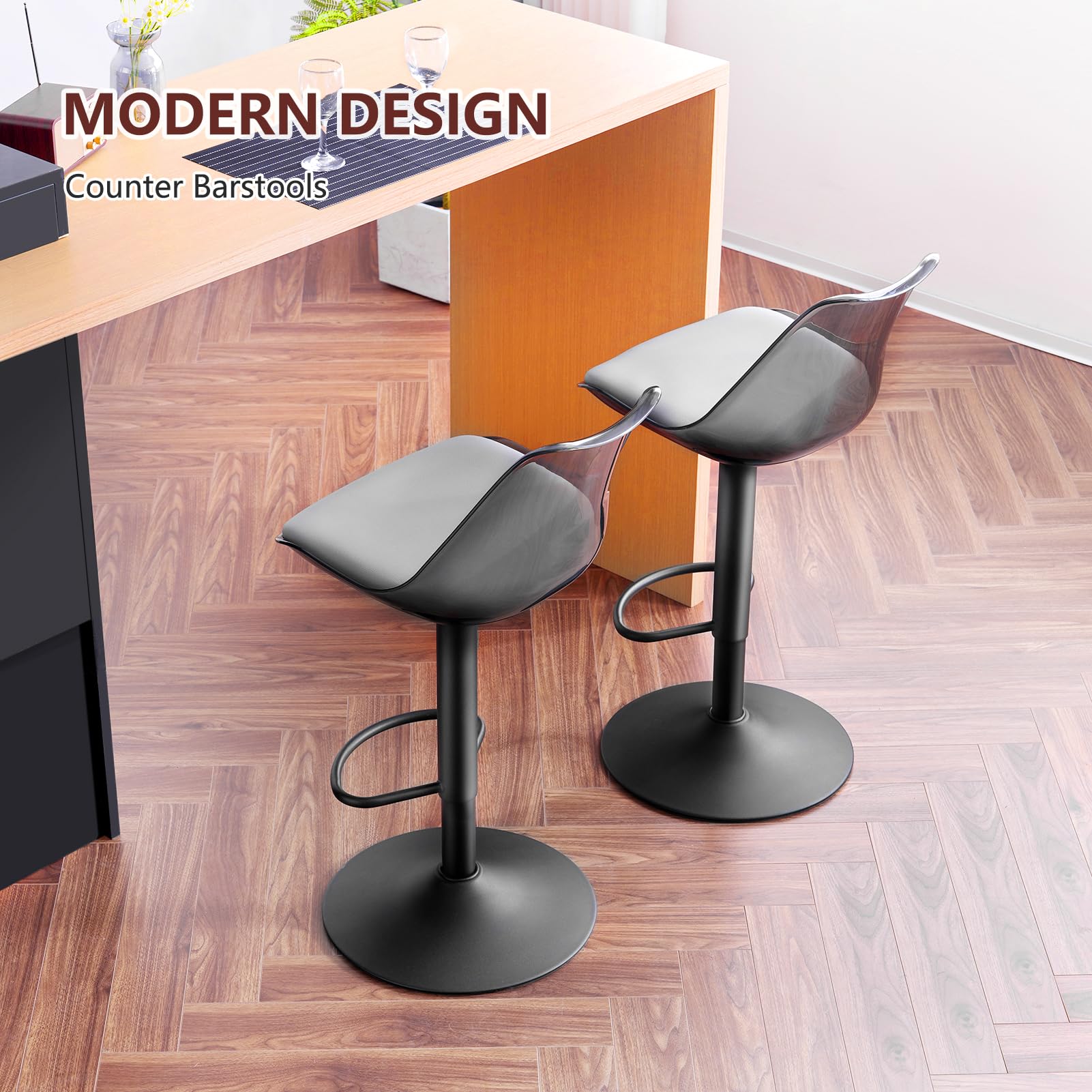 LOVSPATIO Clear Bar Stools Set of 2, Counter Height Adjustable Swivel Acrylic Bar Stools with PU Leather Upholstered, Armless Bar Stools for Kitchen Island - Grey/Black