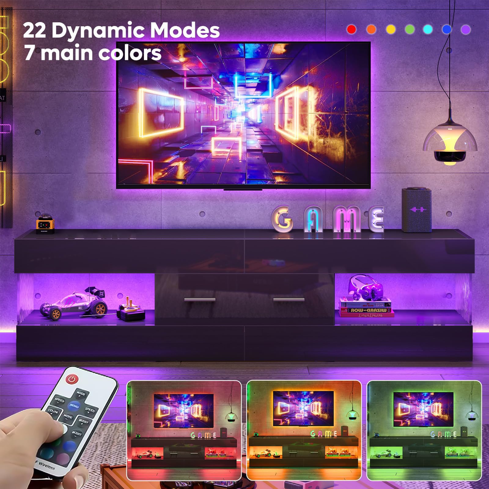 Black TV Stand for 55-65 Inch TV with LED Lights