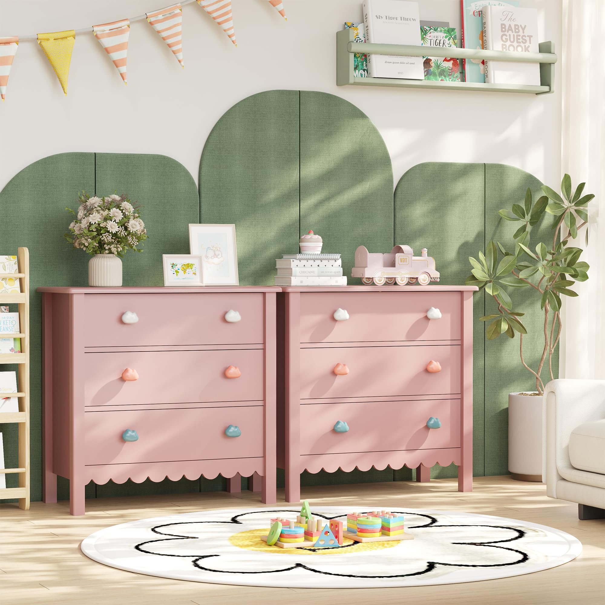 Pink 3 Drawer Nightstand Set of 2