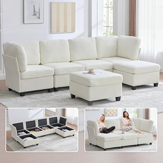 6-Seat U-Shaped Modular Sectional Sofa with Storage Ottoman