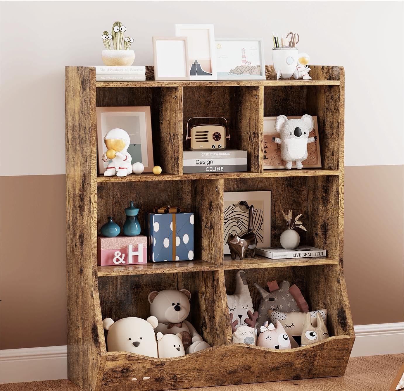 Rustic Brown Toy Storage Cabinet with Tilting Bins