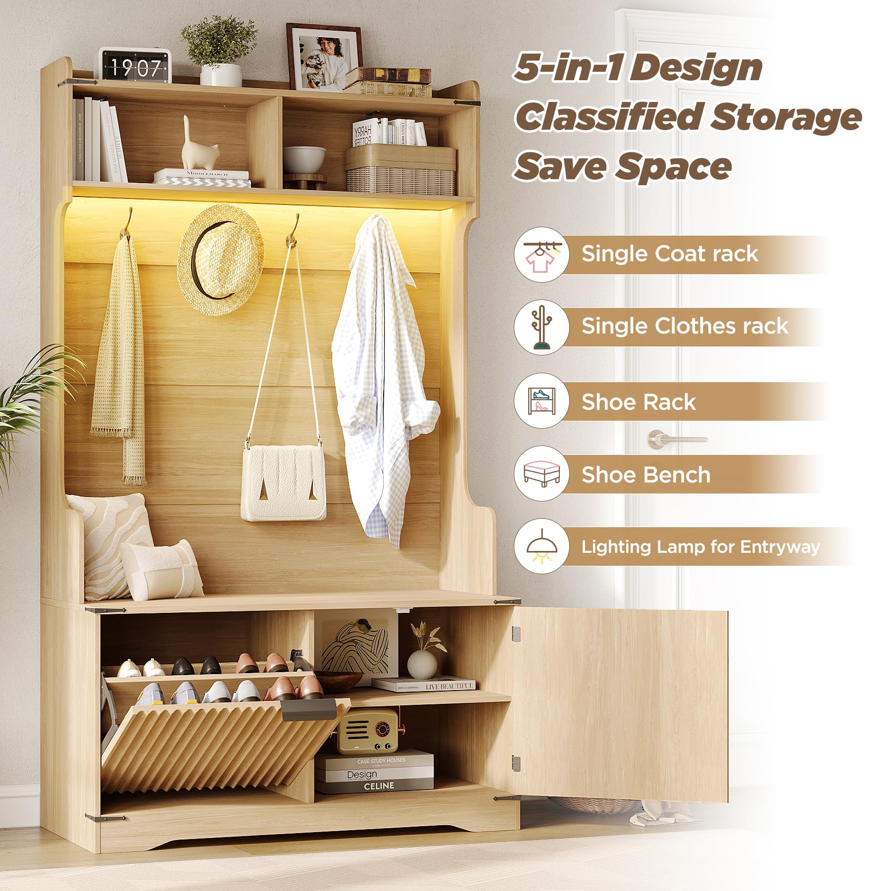 67" Hall Tree with Bench and Shoe Storage