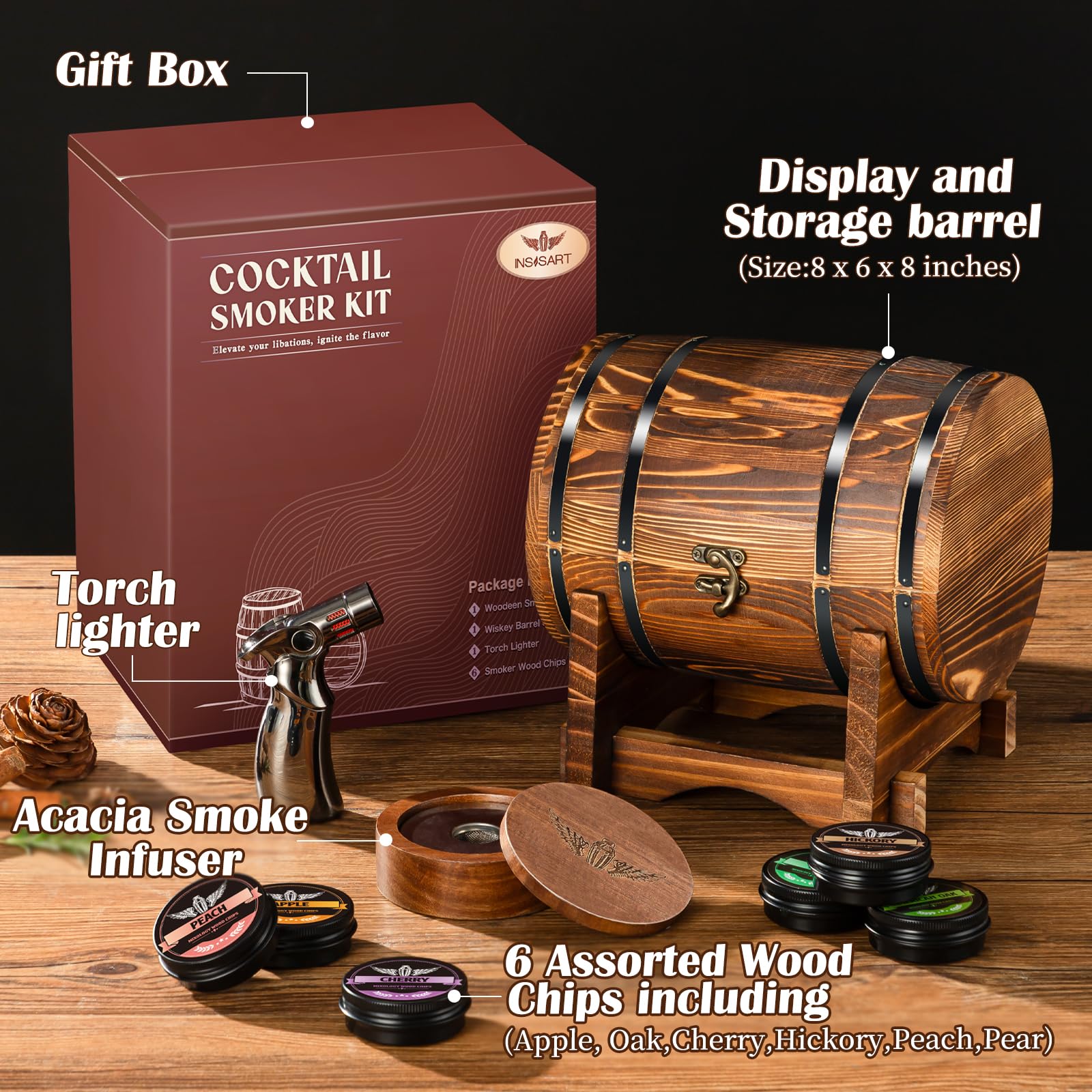 Whiskey Smoker Kit with Charred Wood Barrel and Torch