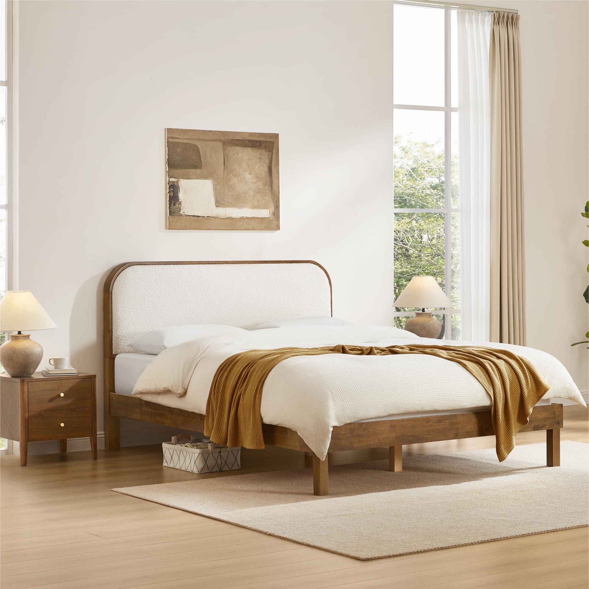 Wood Bed Frame with Upholstered Headboard Queen Size
