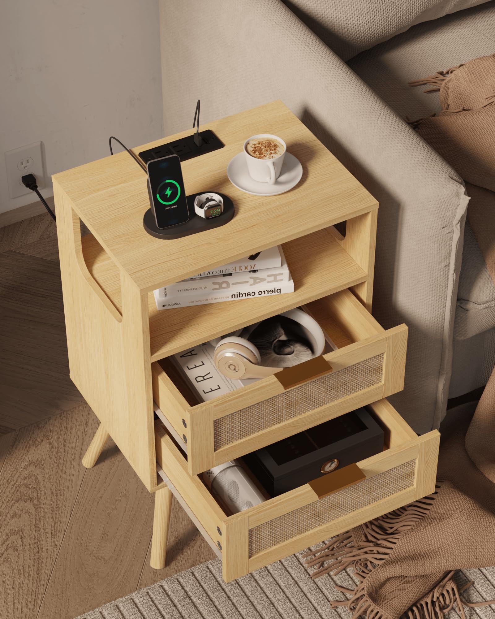 Rattan Nightstand with Charging Station