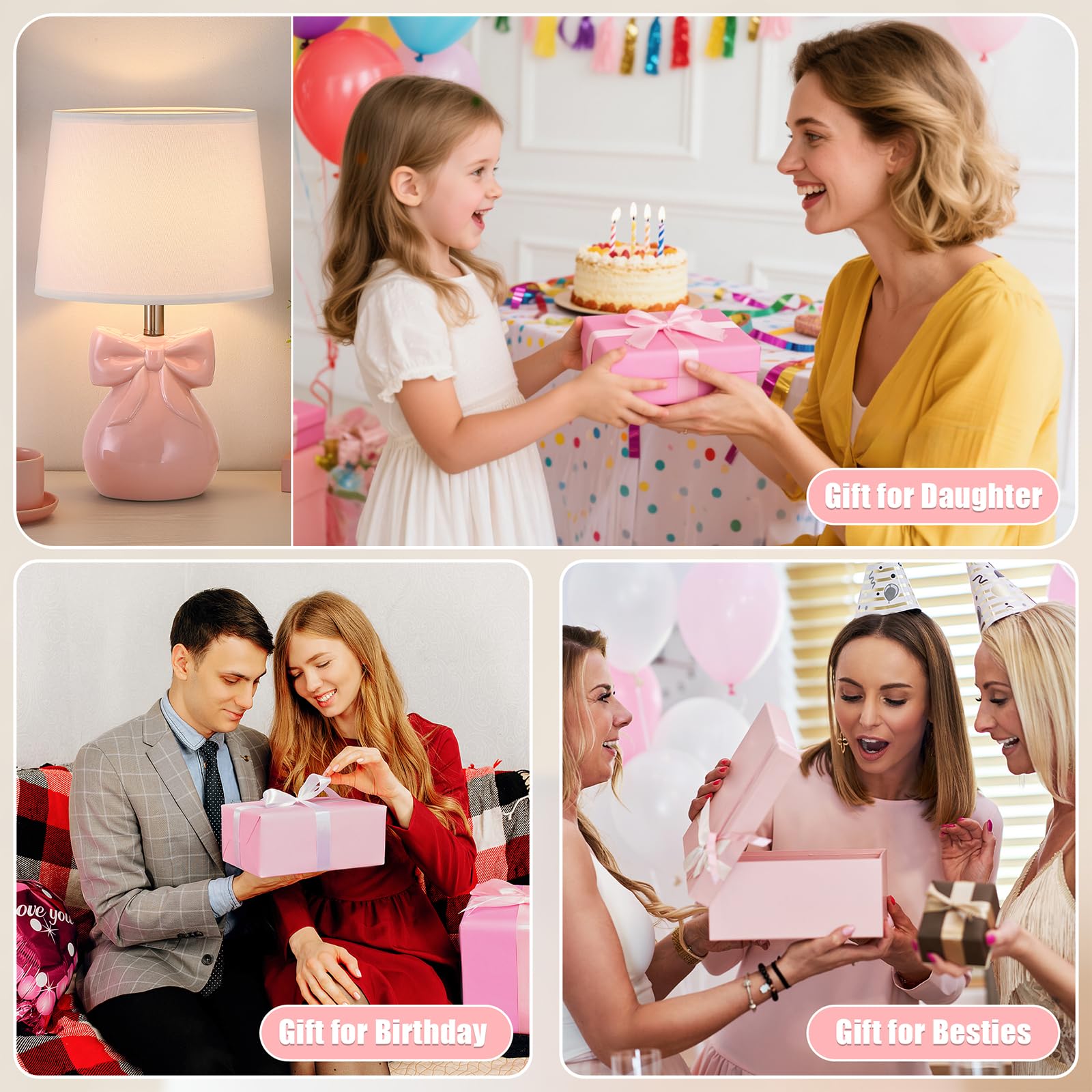 Pink Bow Ceramic Table Lamps Set of 2 - 19" Bedside Lamps with Bulbs