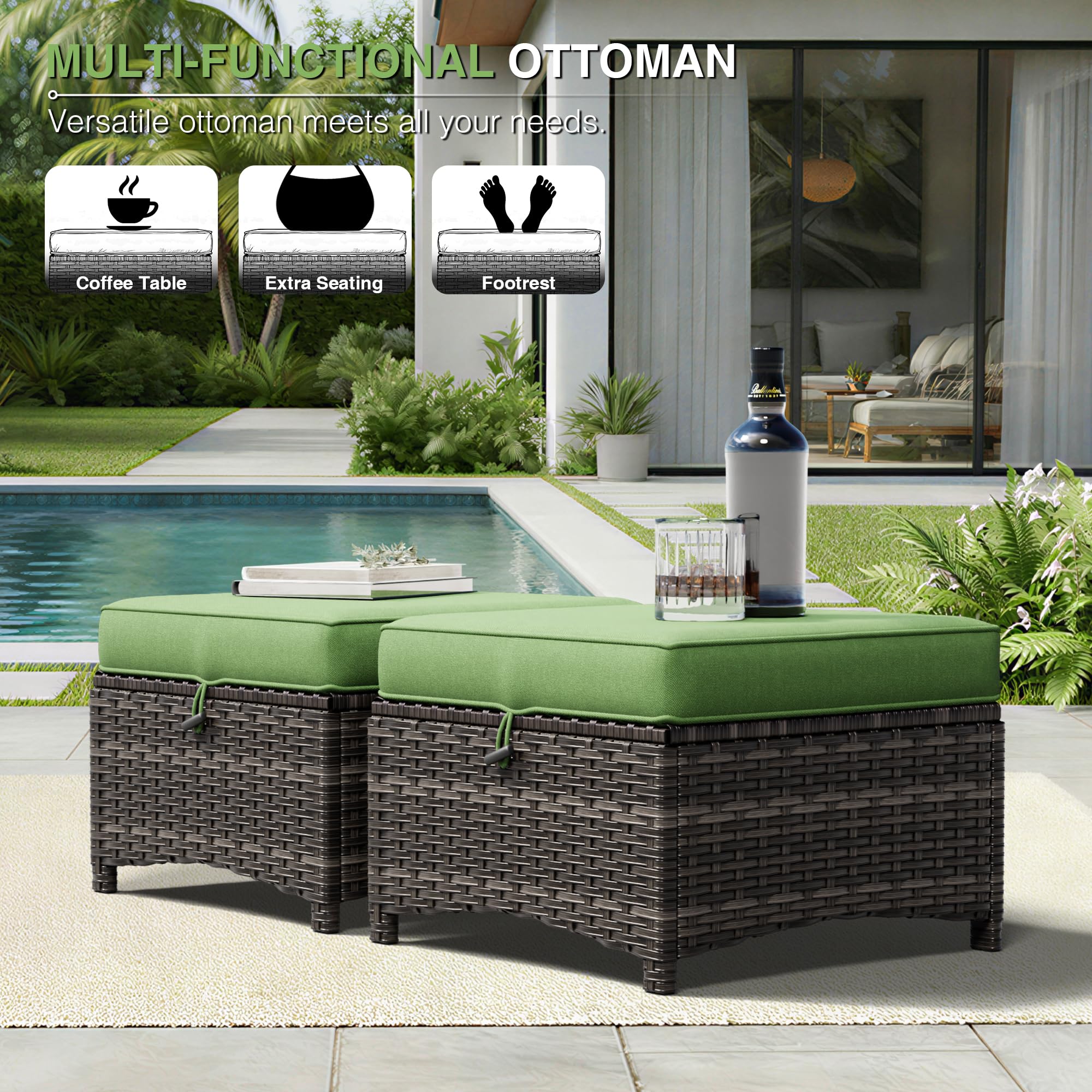 Outdoor Wicker Ottoman Set of 2 with Cushions