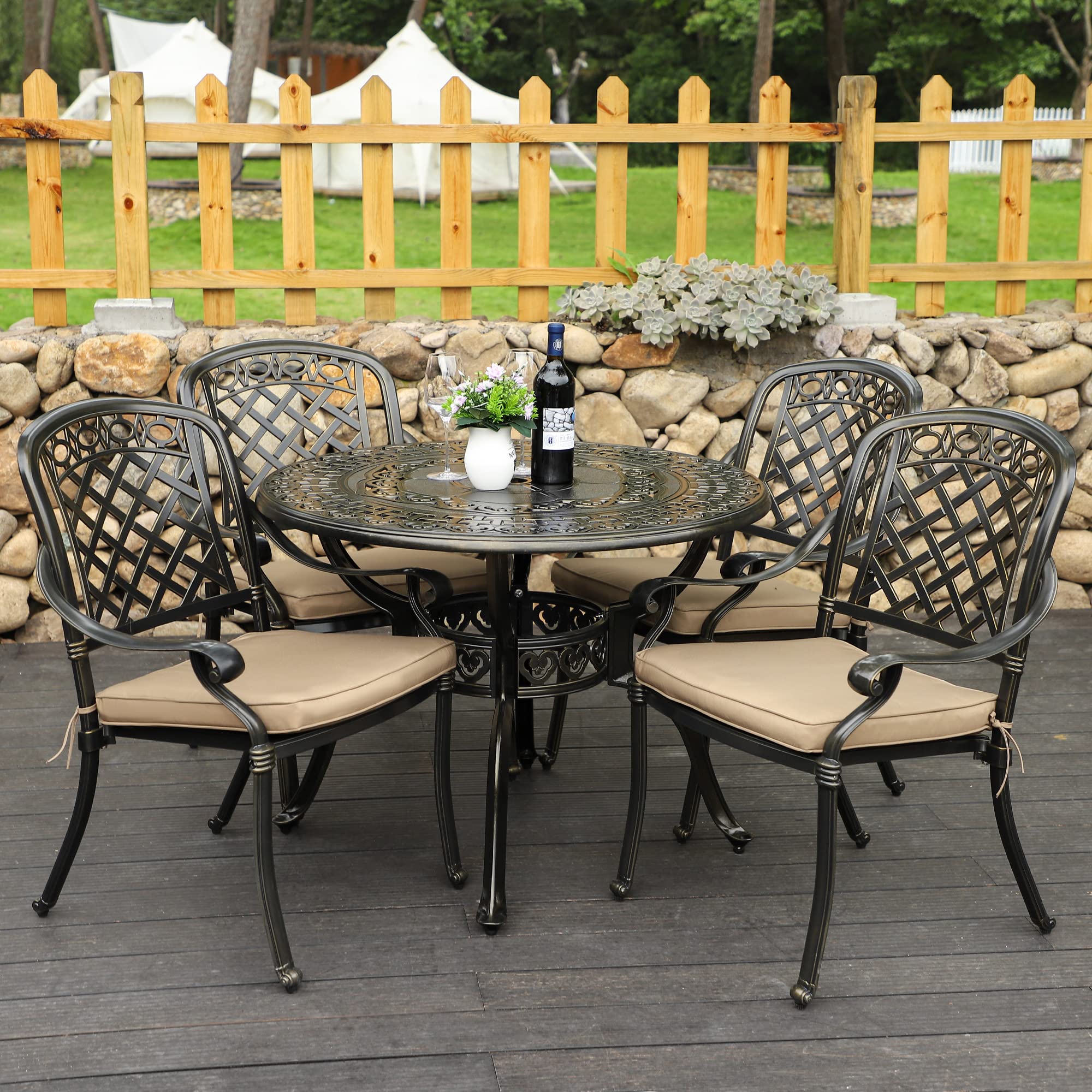 Sumshadow 5-Piece Cast Aluminum Outdoor Patio Dining Set, All Weather Cast Aluminum Outdoor Furniture Dining Set for Patio, Balcony, Lawn, Garden, Backyard w/4 Chairs and Cushions, 2.0" Umbrella Hole