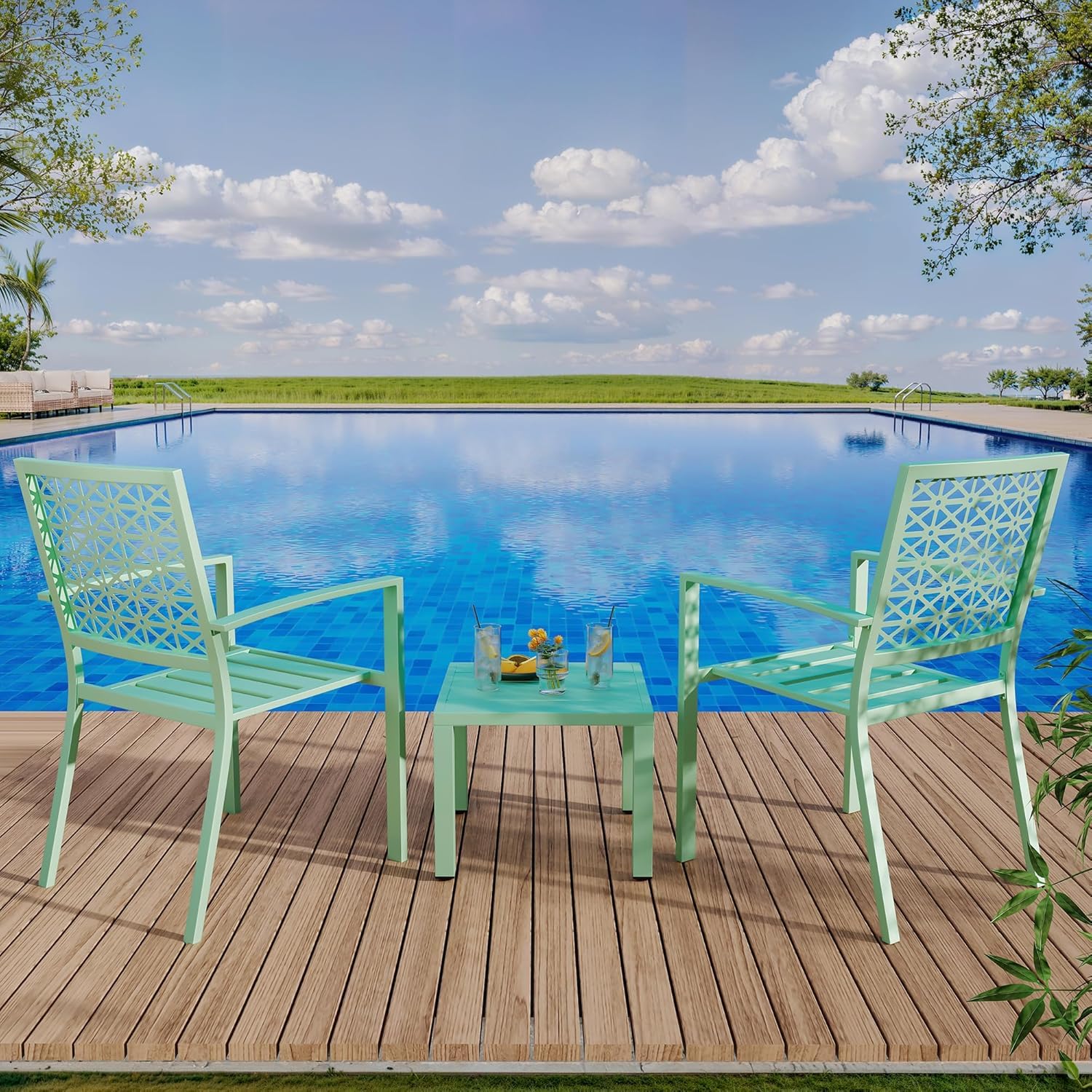 MilleLoom 3-Piece Outdoor Bistro Set, Stackable Modern Steel Furniture with 2 Chairs & 1 Table, Steel Balcony Furniture Set for Garden, Balcony, Poolside, Backyard