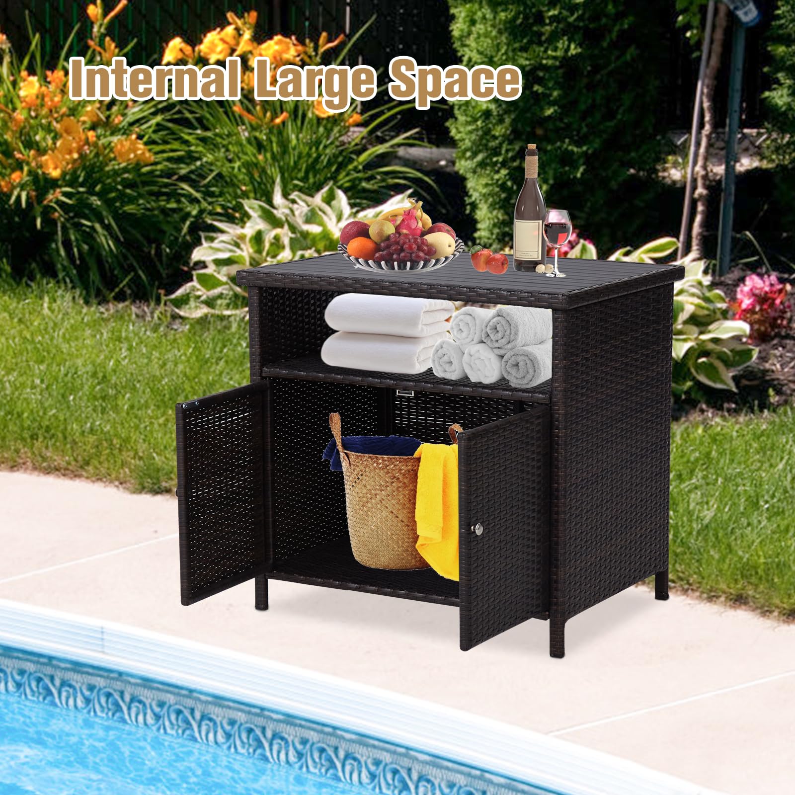 Outdoor Wicker Storage Cabinet with Doors
