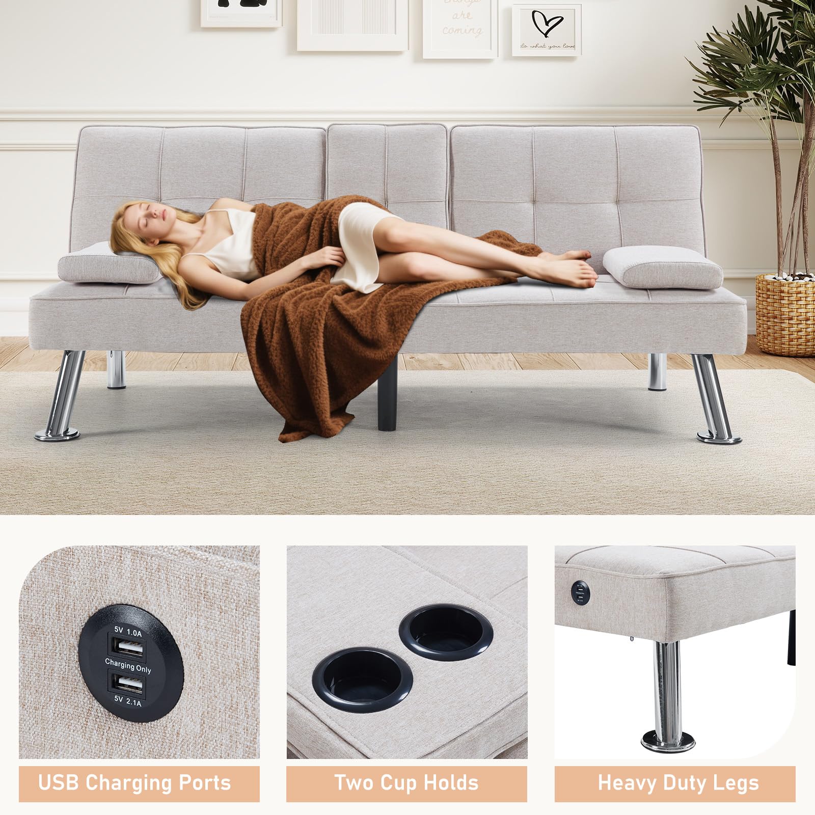 Convertible Futon Sofa Bed with USB Charging Port