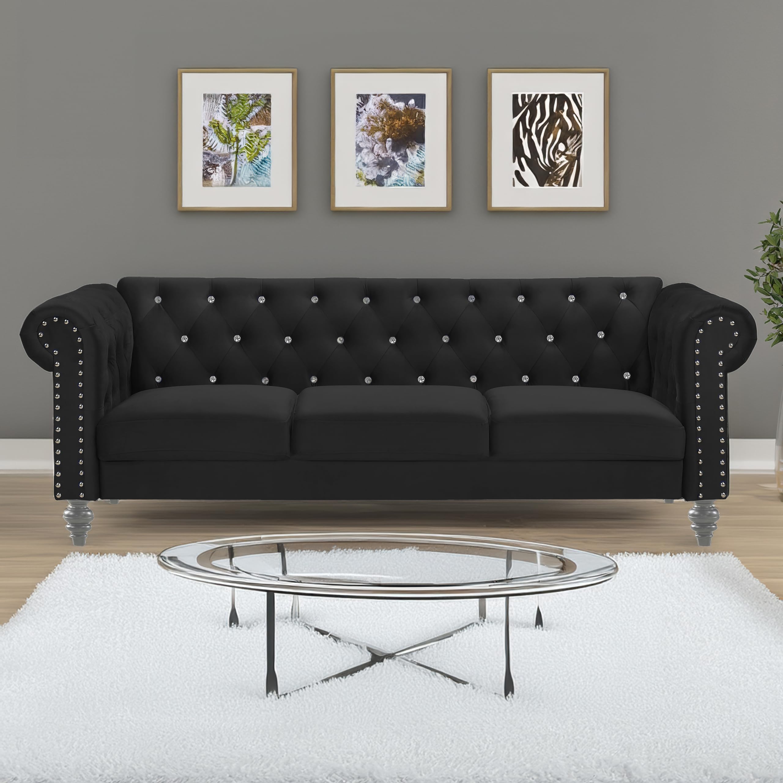 Velvet Chesterfield Sofa with Crystal Tufting