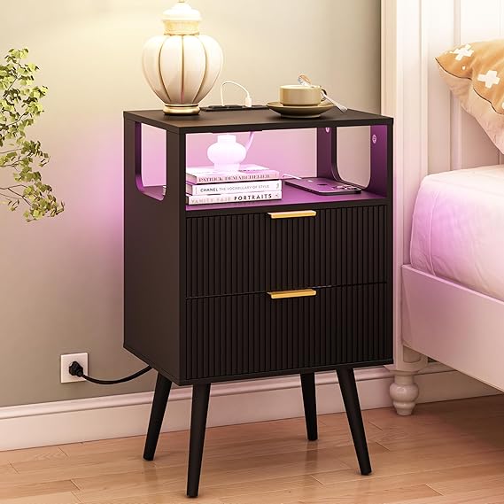 White Nightstand with Charging Station and LED Lights