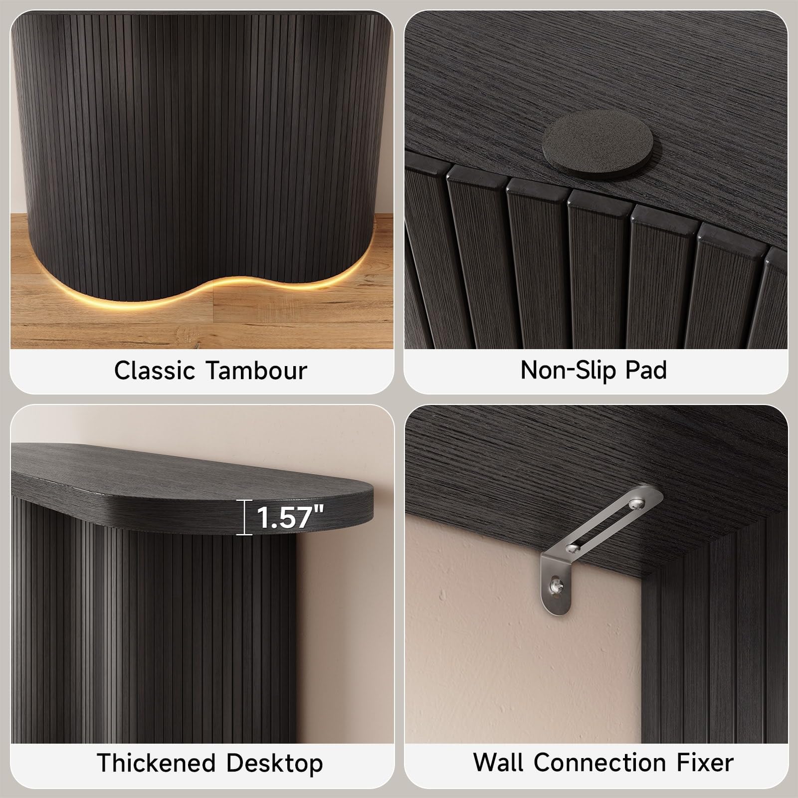 57-Inch Fluted Console Table with Tambour Waterfall Design