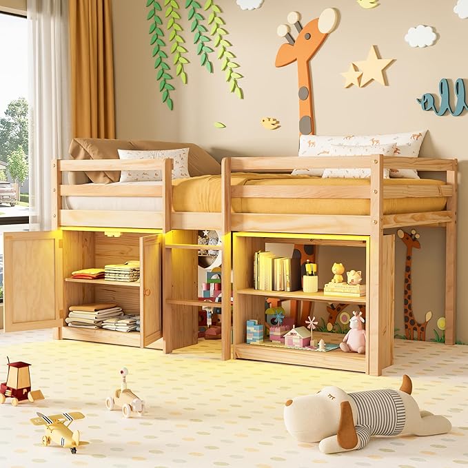 Twin Loft Bed with Lights and Storage Bookcase