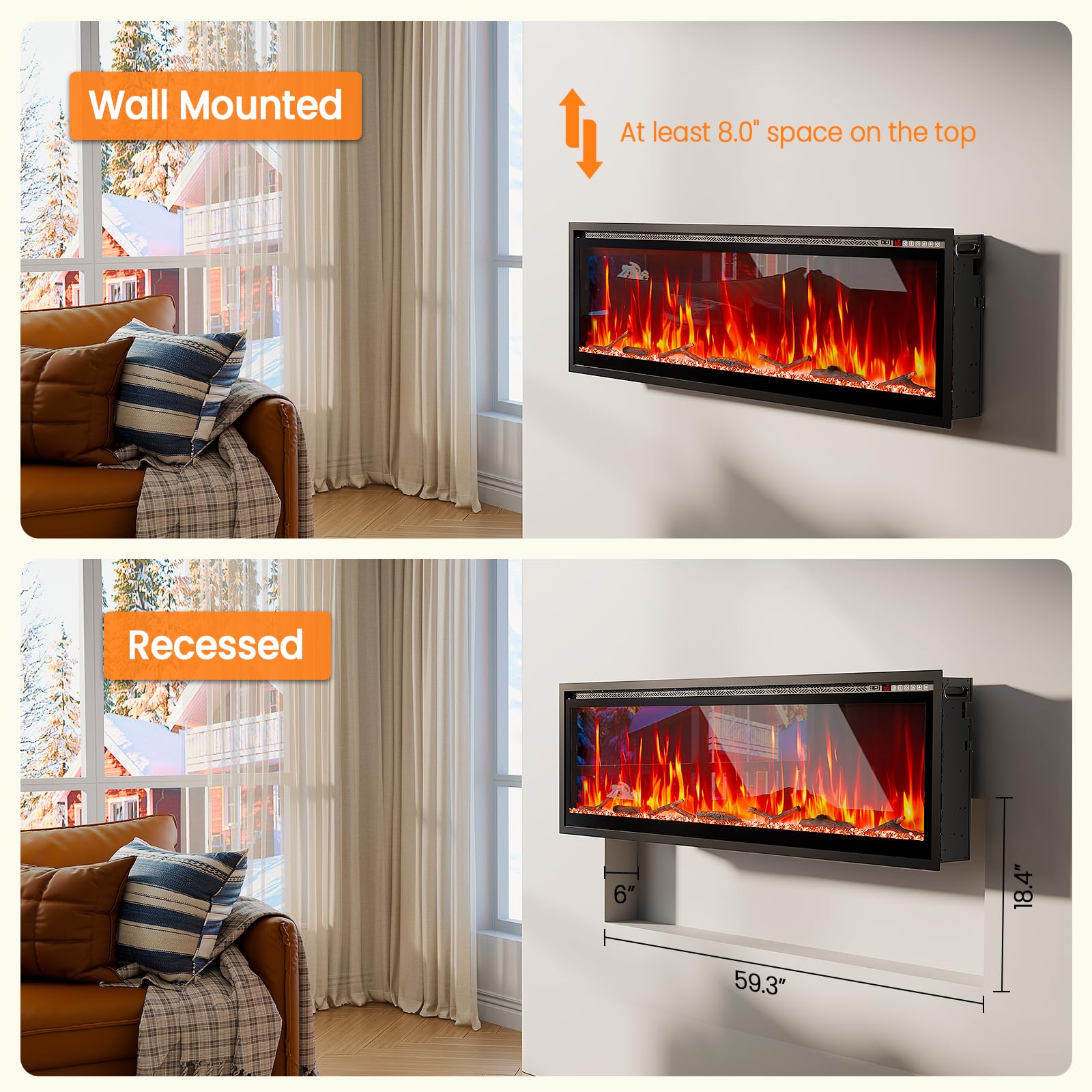 60" Smart Electric Fireplace with Voice Control and Realistic Flame