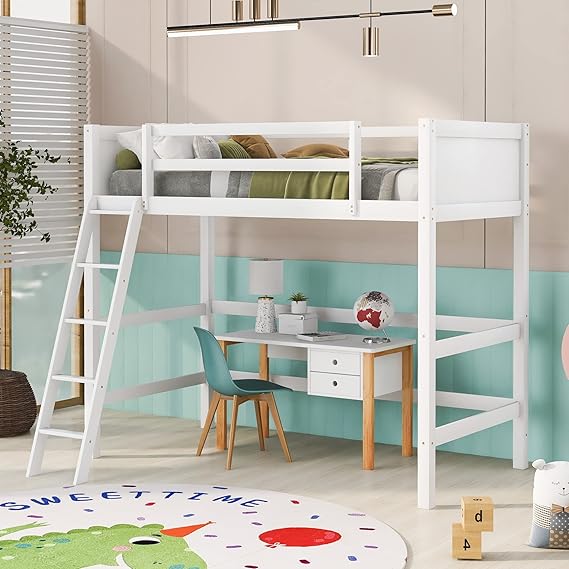 Twin Wood Loft Bed with Guardrail and Ladder