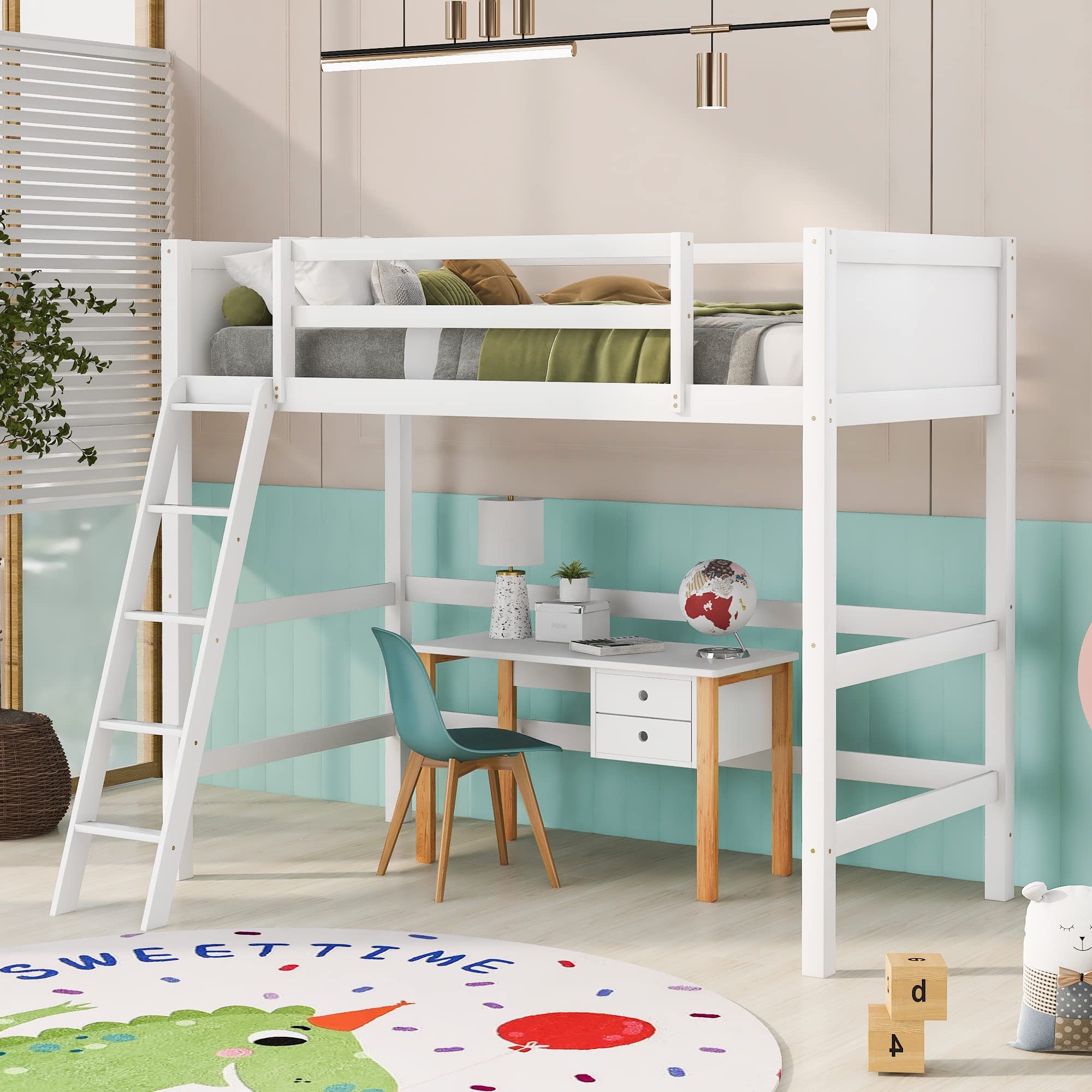 Twin Loft Bed with Ladder - White Wood Kids Bunk Bed