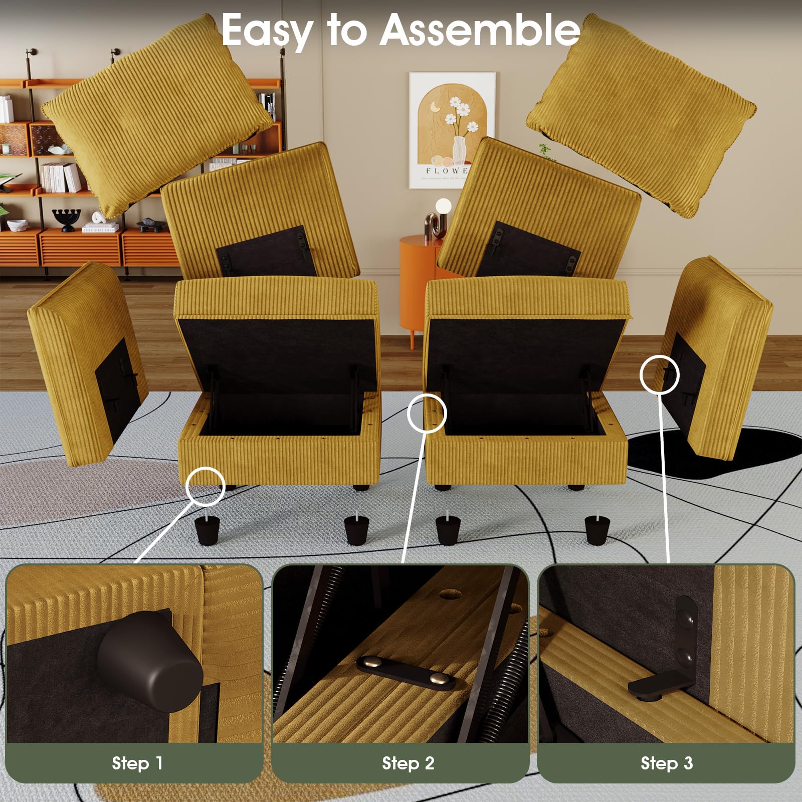 Modular Sectional Sofa with Storage - Yellow Corduroy Armless Chair
