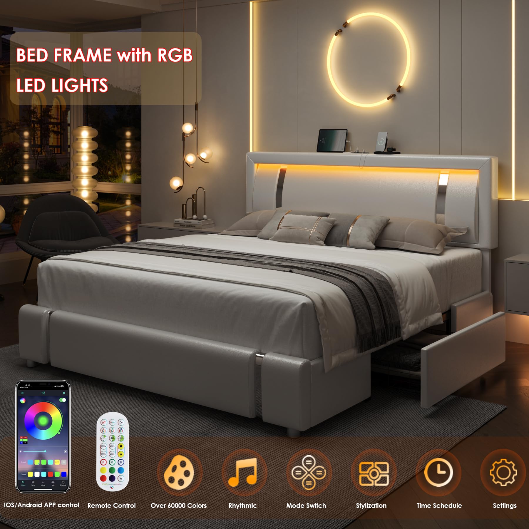 Queen Bed Frame with RGB LED Lights and Storage Drawers