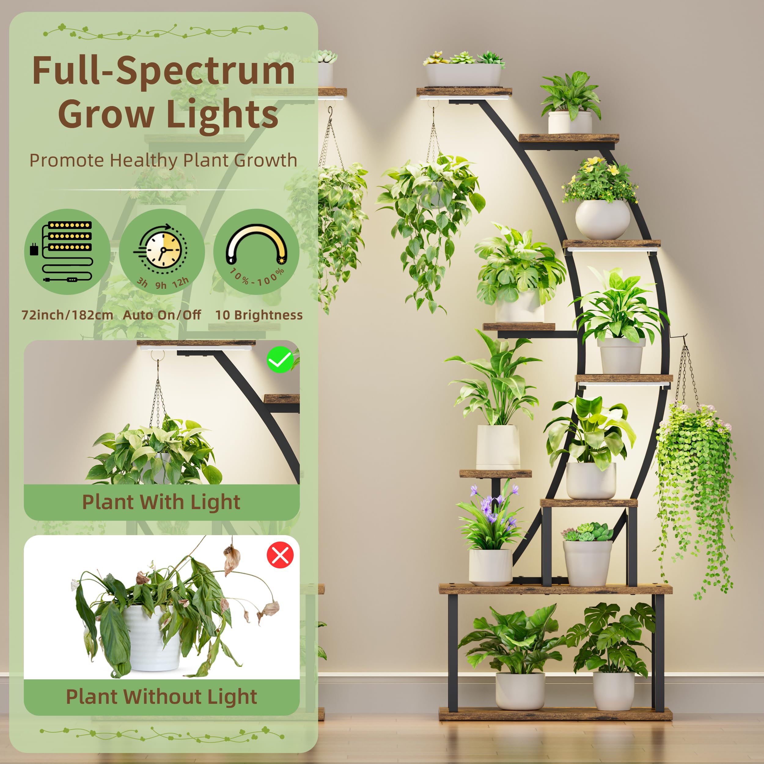 9 Tiered Metal Plant Stand with Grow Lights 64 Inch