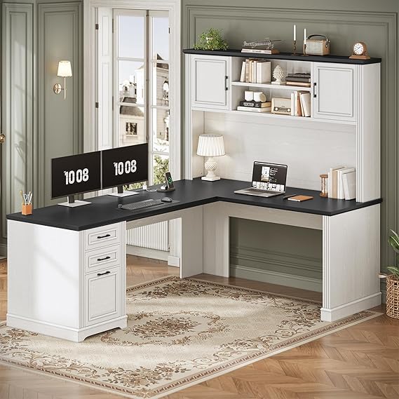 L-Shaped Desk with Hutch and Storage Shelves