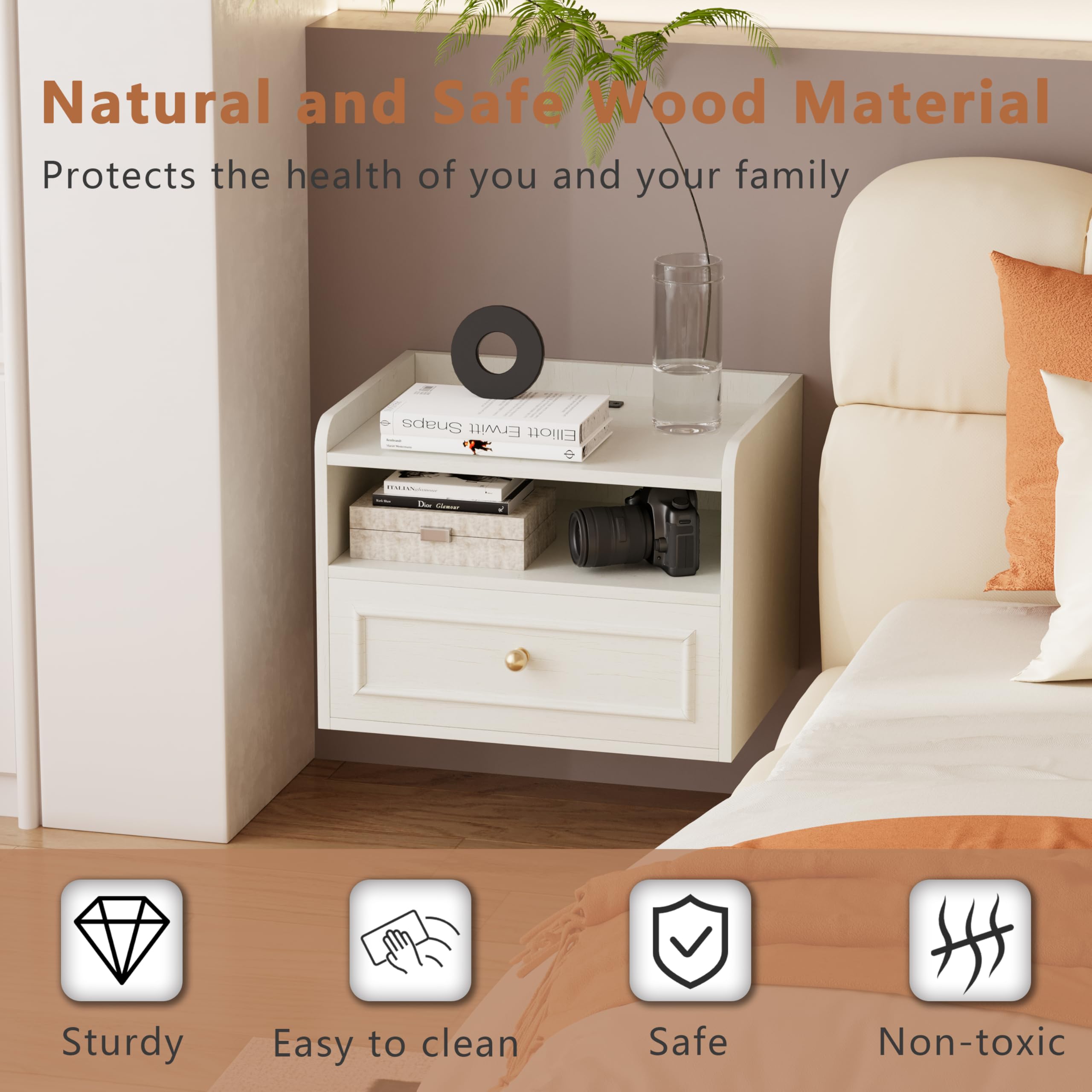 Wall Mounted Floating Nightstand with Charging Station Set of 2