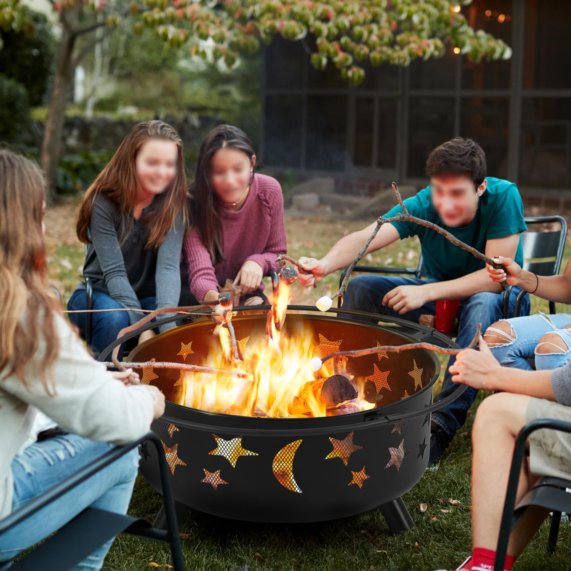 30" Round Wood Burning Fire Pit with Star Moon Design
