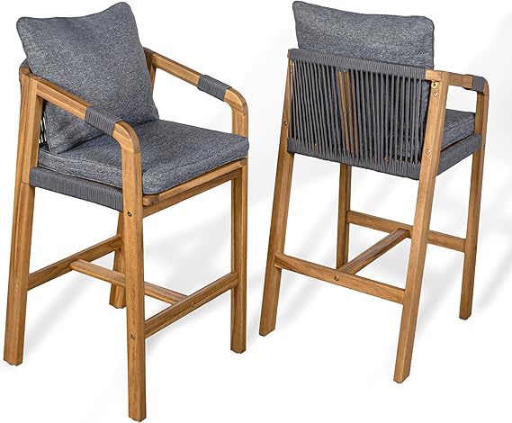 Porto Roped Acacia Wood Outdoor Bar Stool with Cushions - Set of 2