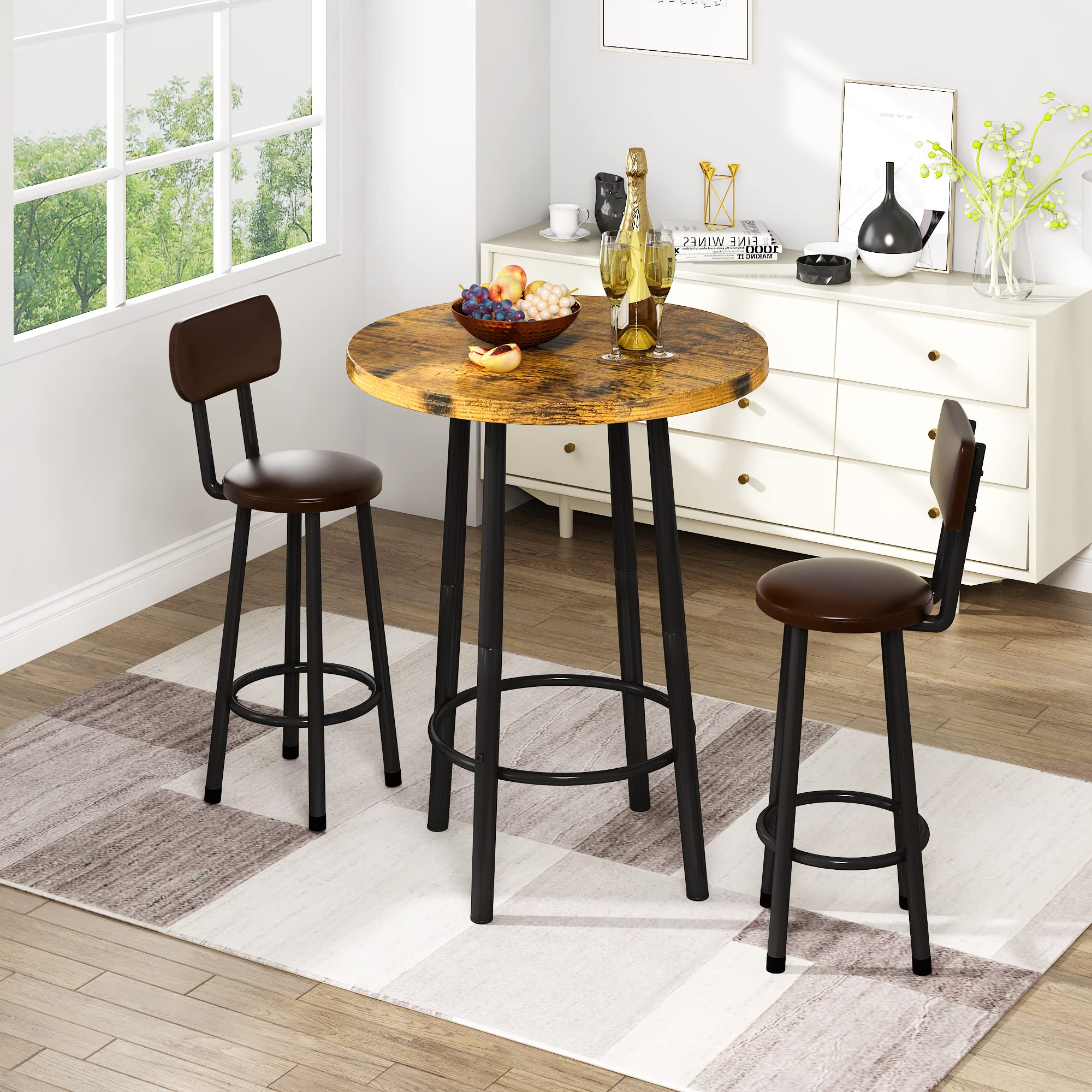 3 Piece Pub Dining Set Round Bar Table with Stools