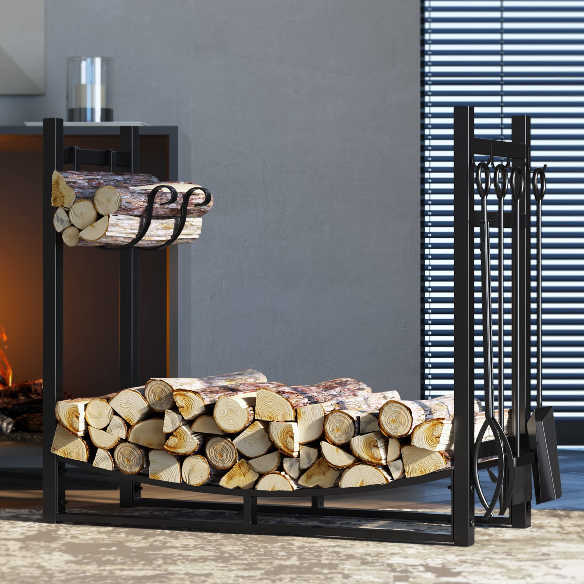 Fireplace Log Rack with Kindling Holder and 4 Tools