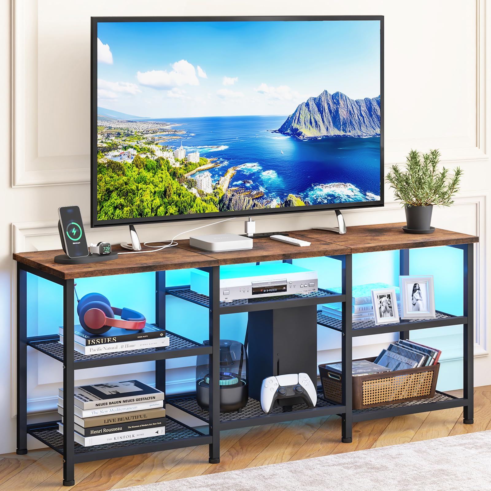 TV Stand with Charging Station and LED Lights