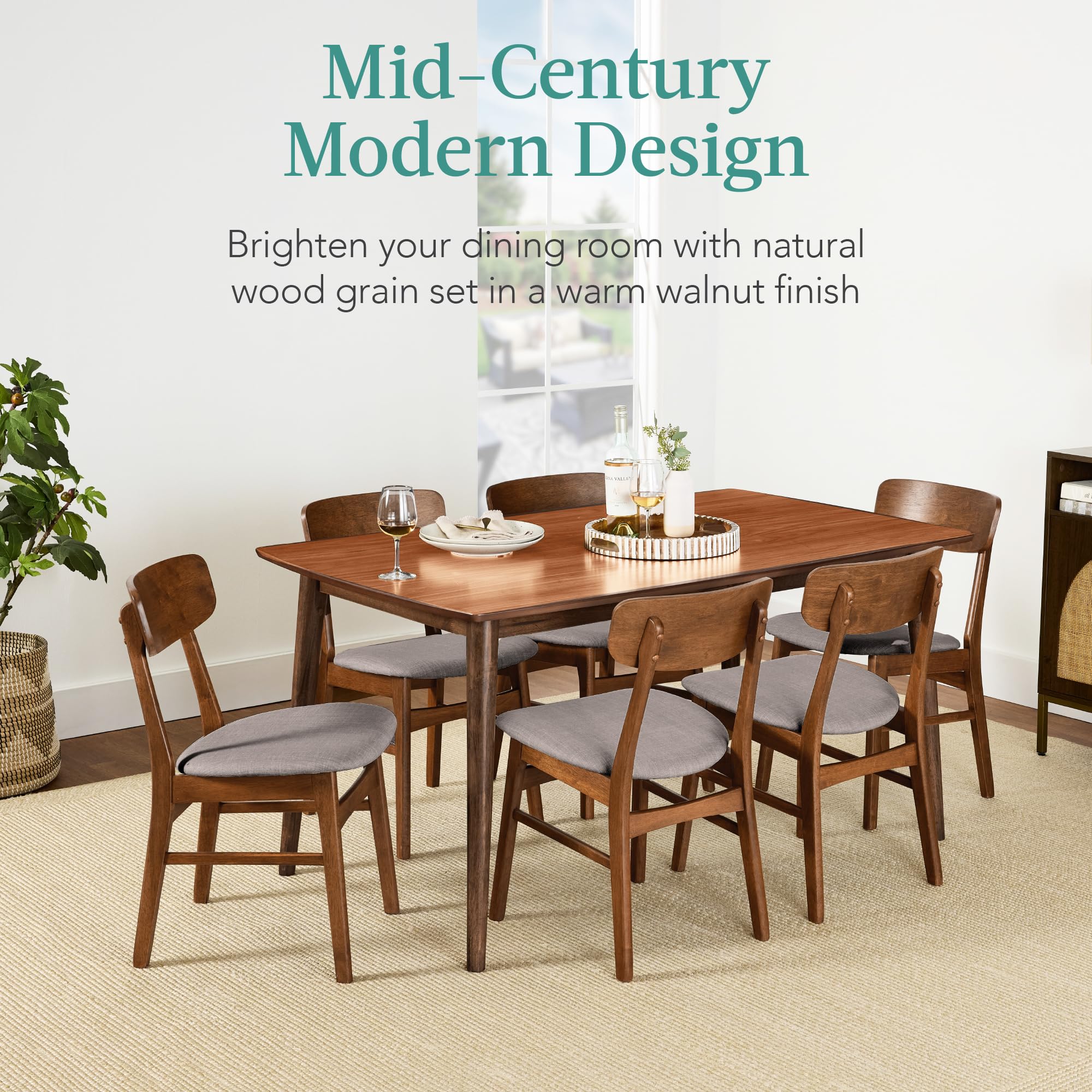 7-Piece Wooden Dining Room Table Set with 6 Upholstered Chairs