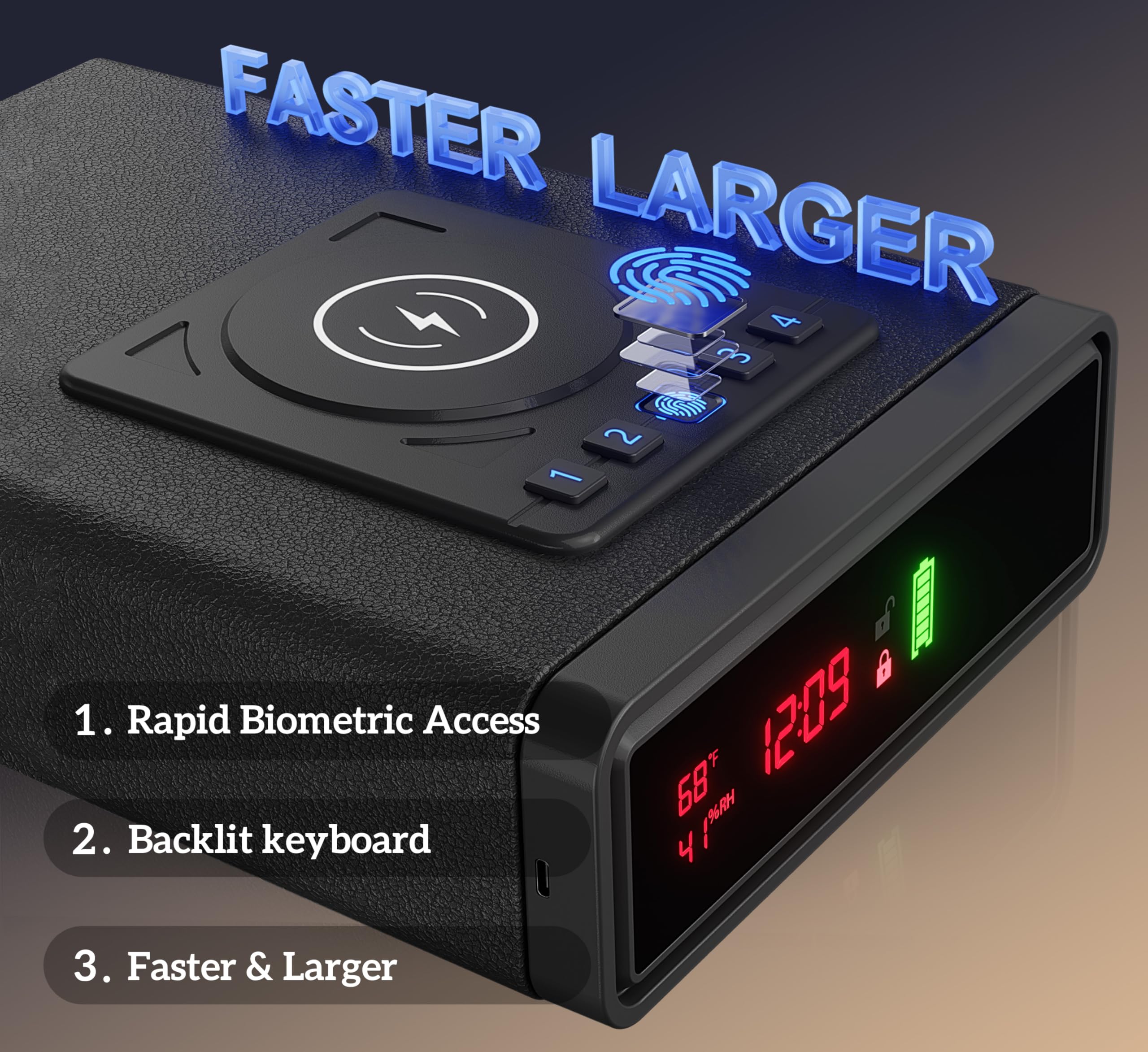 Biometric Smart Gun Safe with Wireless Charging and Digital Clock