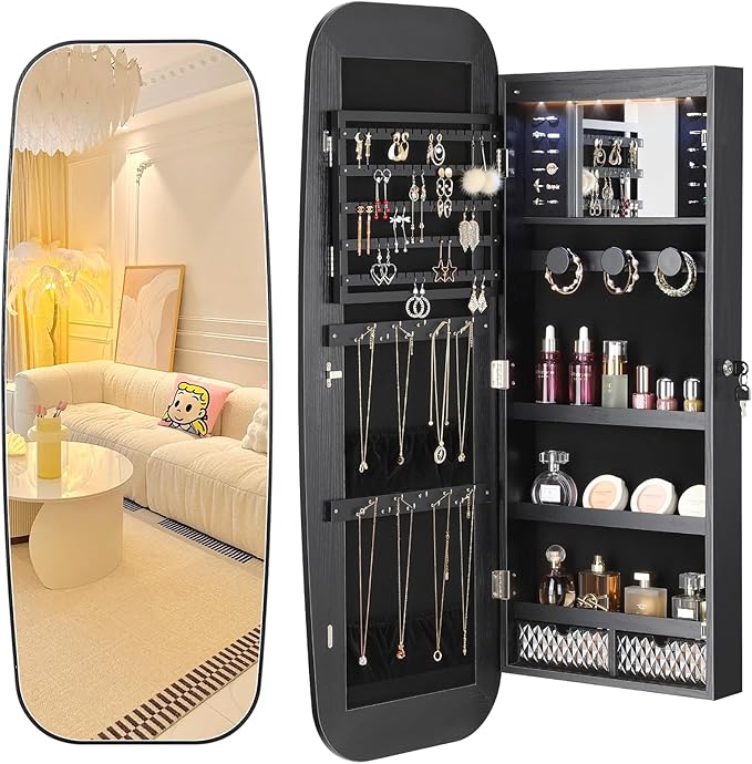 LED Mirror Jewelry Cabinet with Wall Mount and Storage Drawers