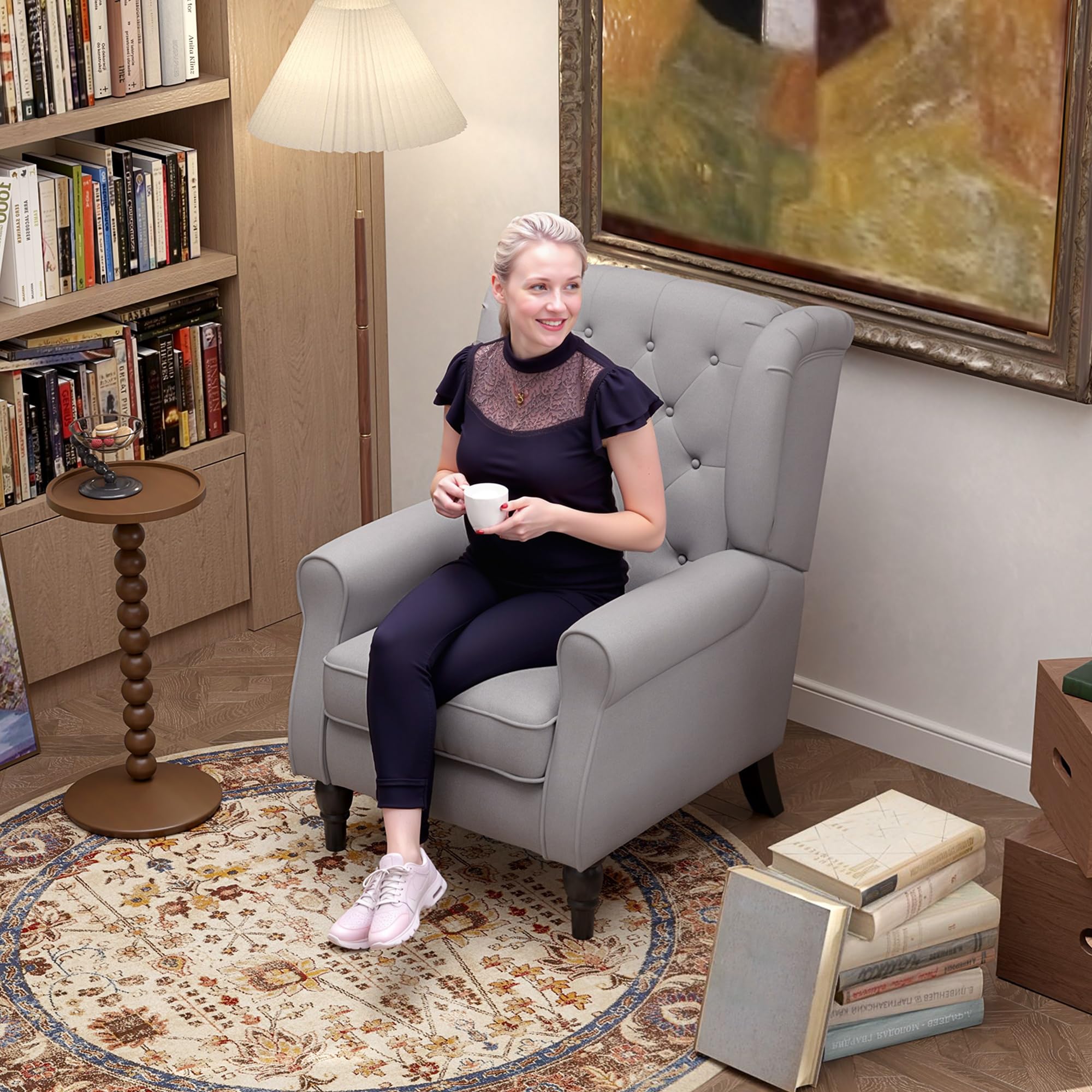 Button-Tufted Accent Chair with Wingback and Wood Legs