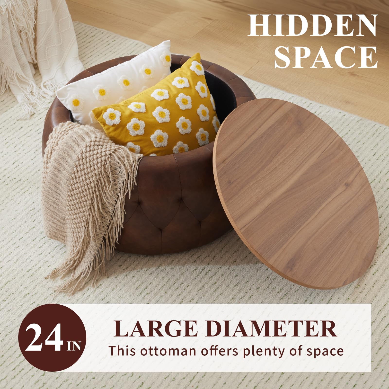 Round Storage Ottoman Coffee Table with Wooden Tabletop