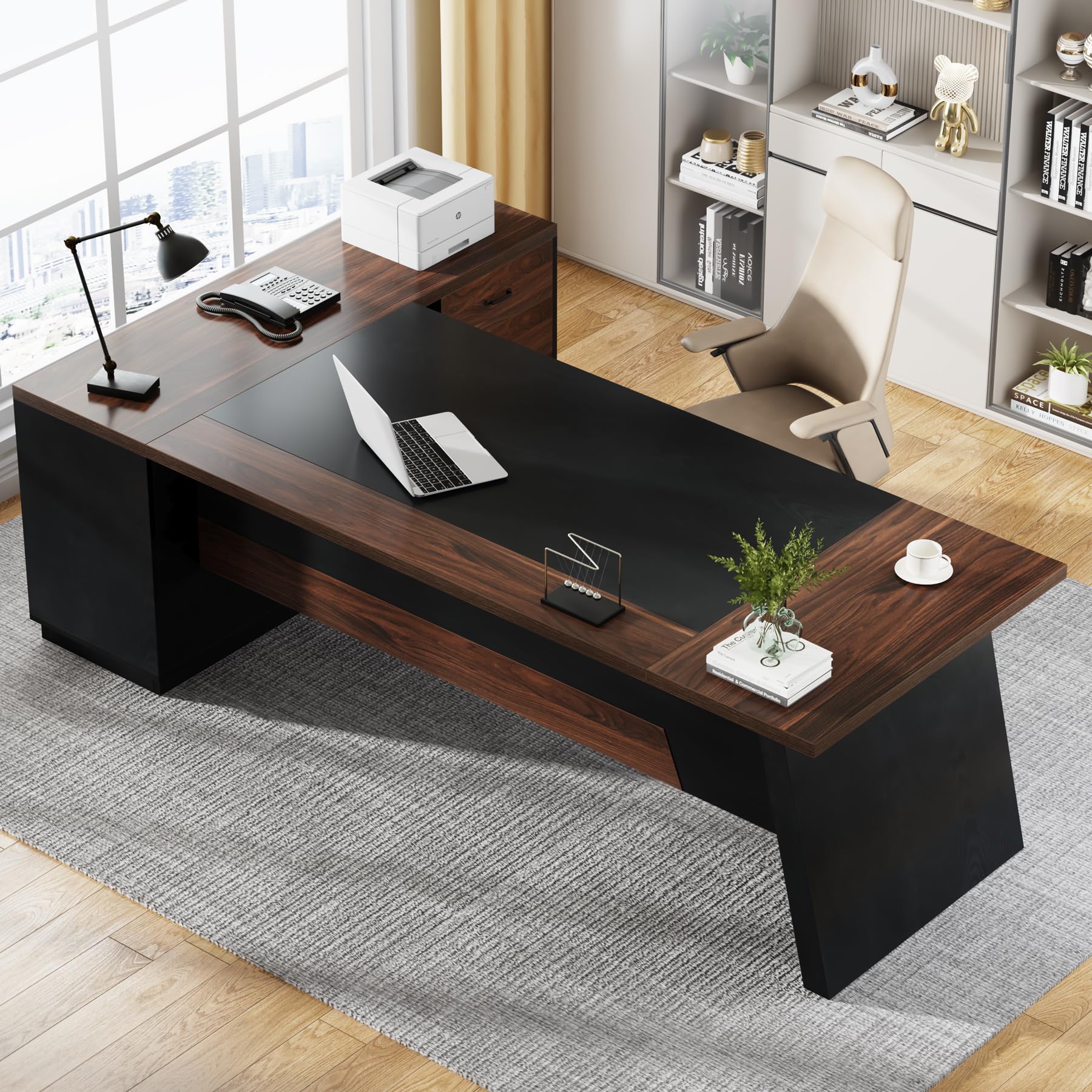 78-Inch L-Shaped Executive Desk with Drawers and File Cabinet