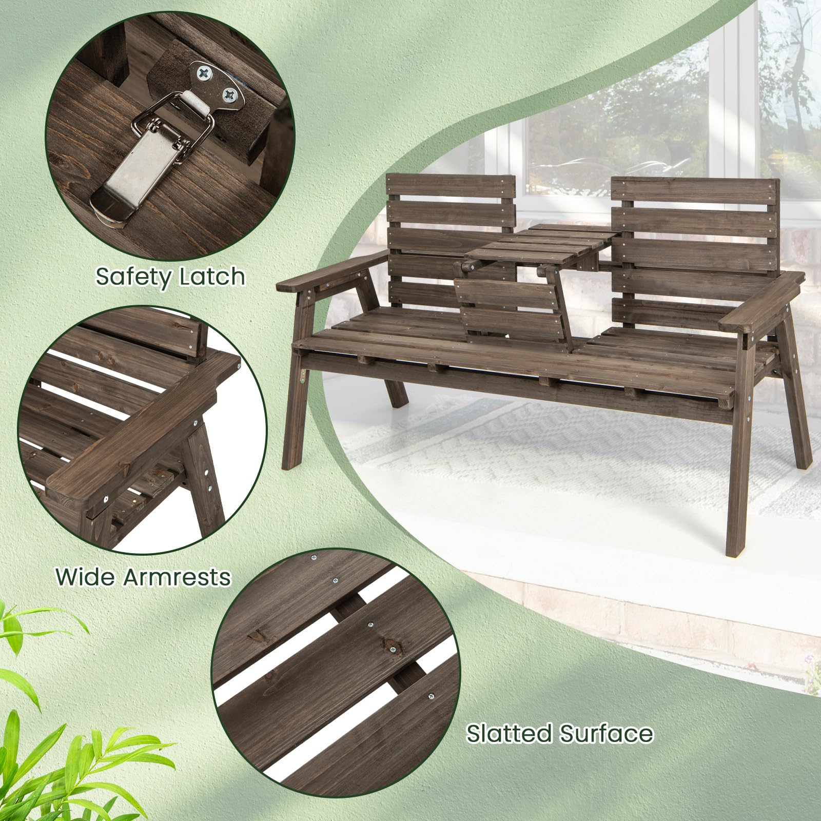 Foldable Outdoor Fir Wood Bench with Middle Table