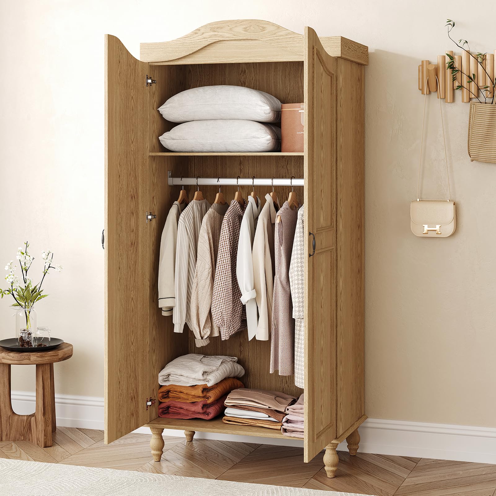 Arched Armoire Wardrobe Closet with 2 Doors and Hanging Rod