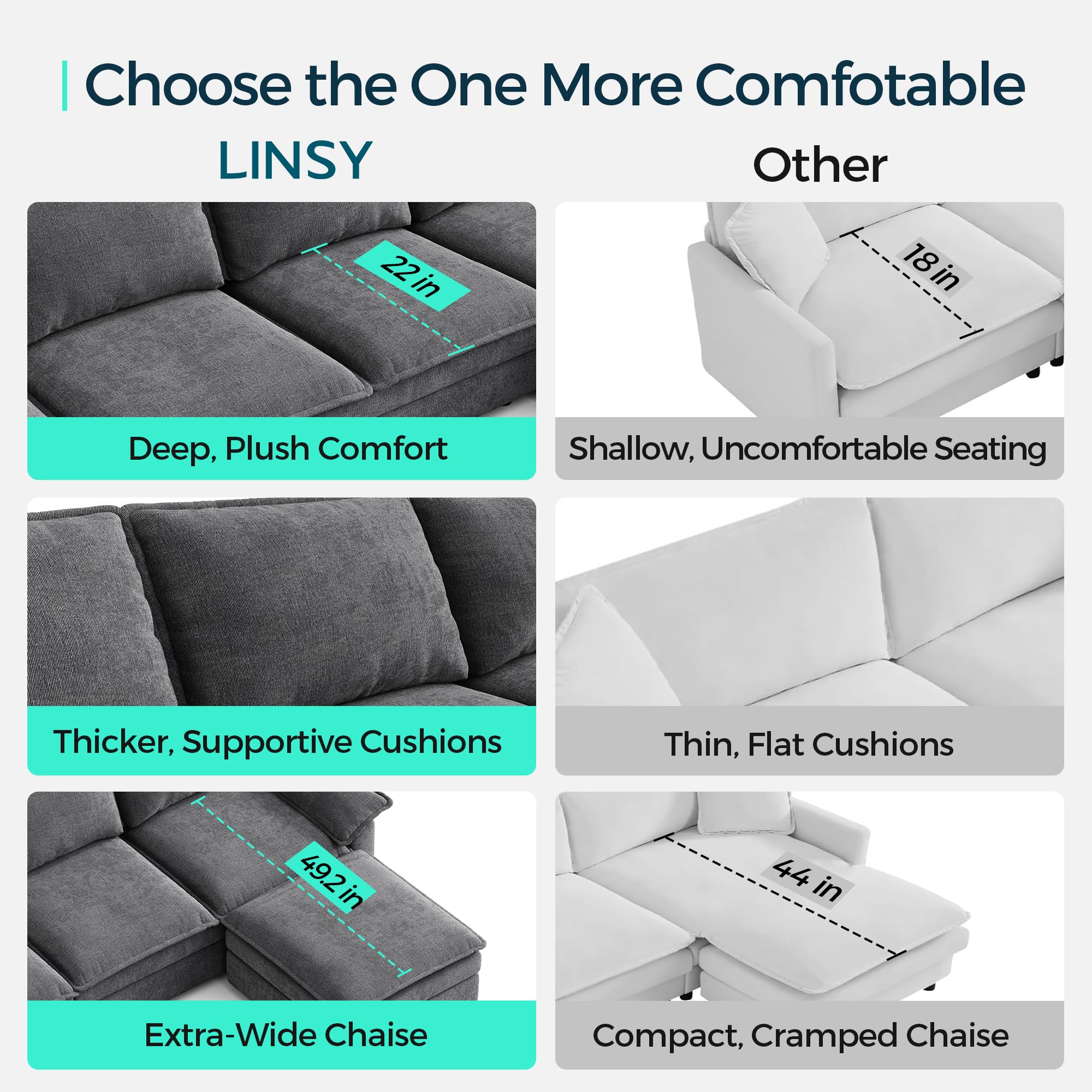 U-Shaped Cloud Couch Sectional Sofa 115" with Double Chaise Lounge