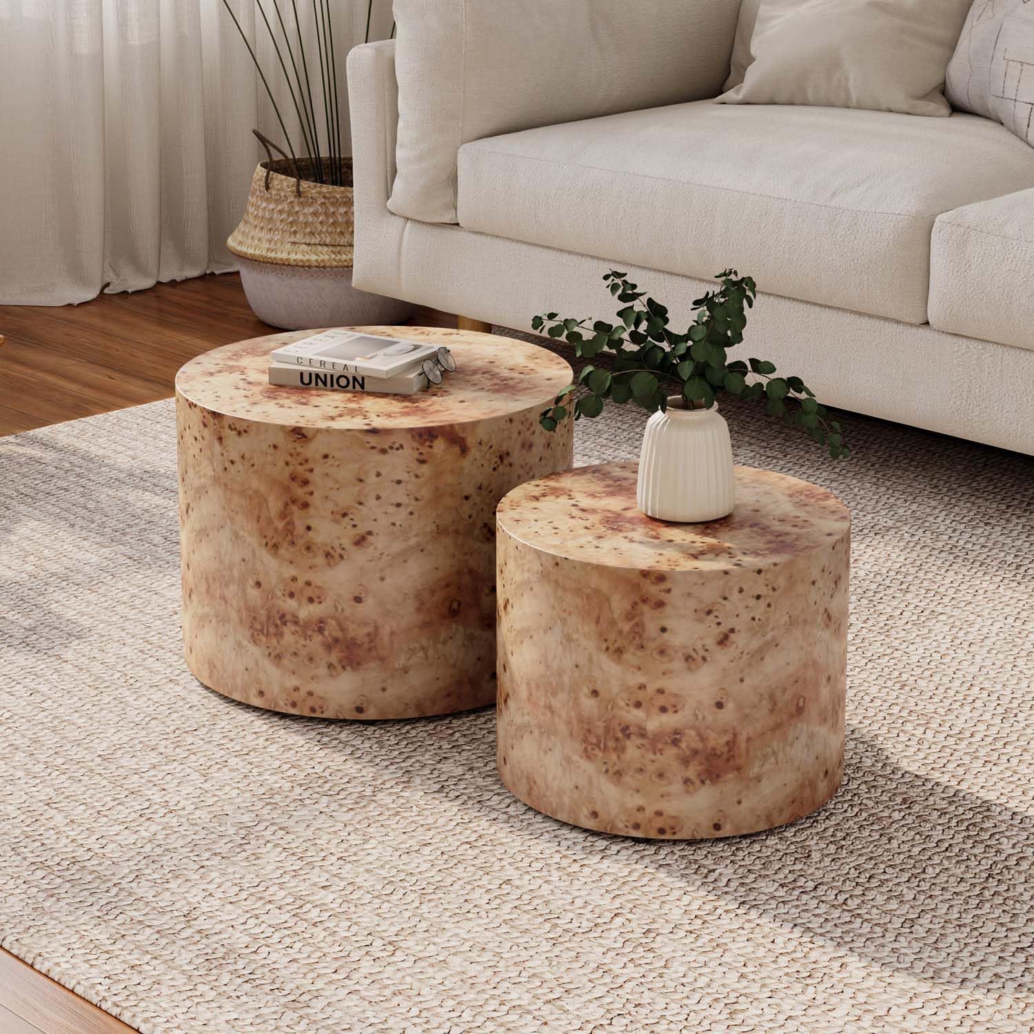 Nesting Coffee Table Set of 2, Modern Round Coffee Table and End Table Set, Natural Burl Center Table Circle Side Table for Living Room Bedroom Office