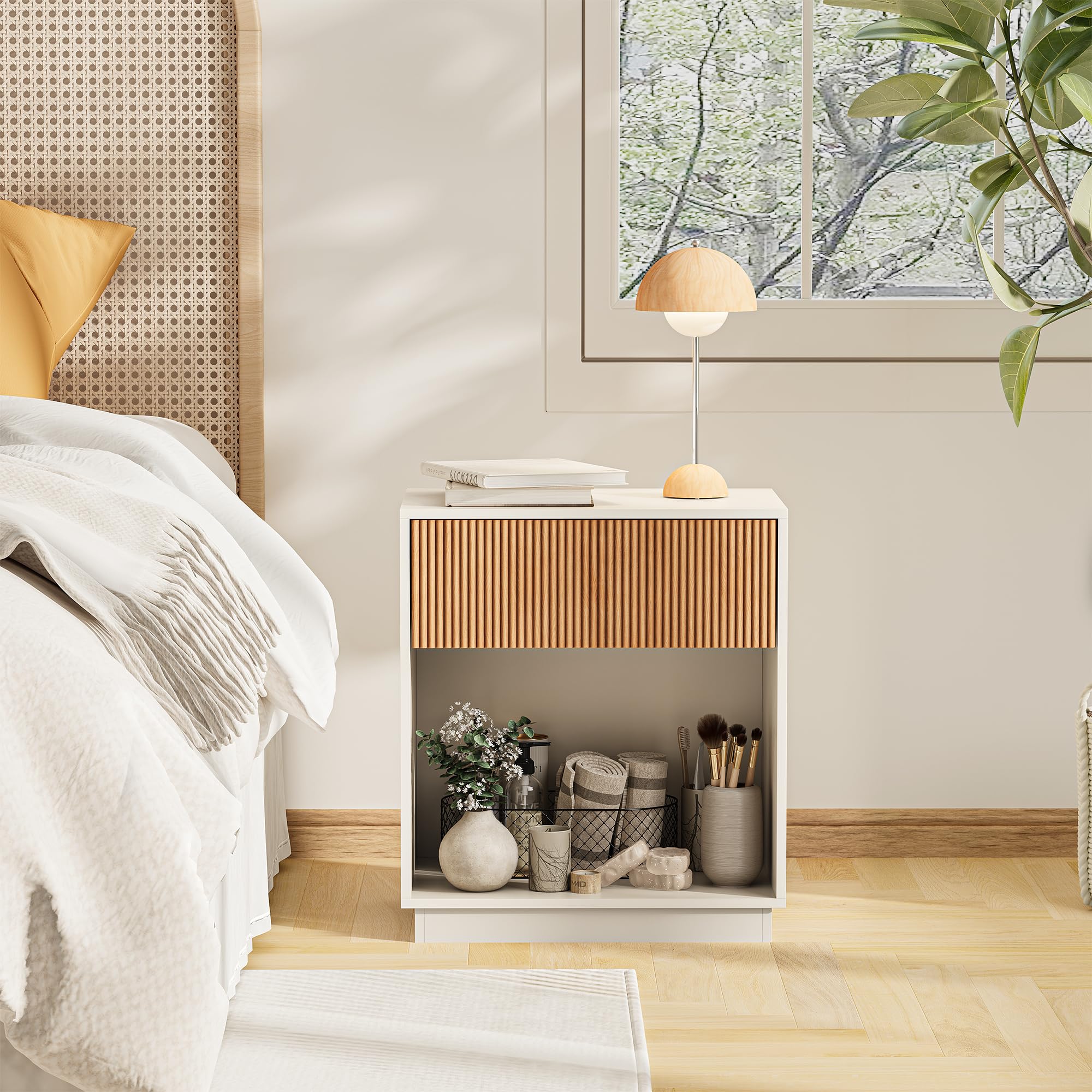 Fluted Nightstands Set of 2 with Drawer and Storage Shelf