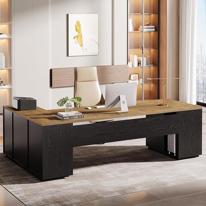 85.8-Inch L-Shaped Executive Desk with File Drawers and Cabinet