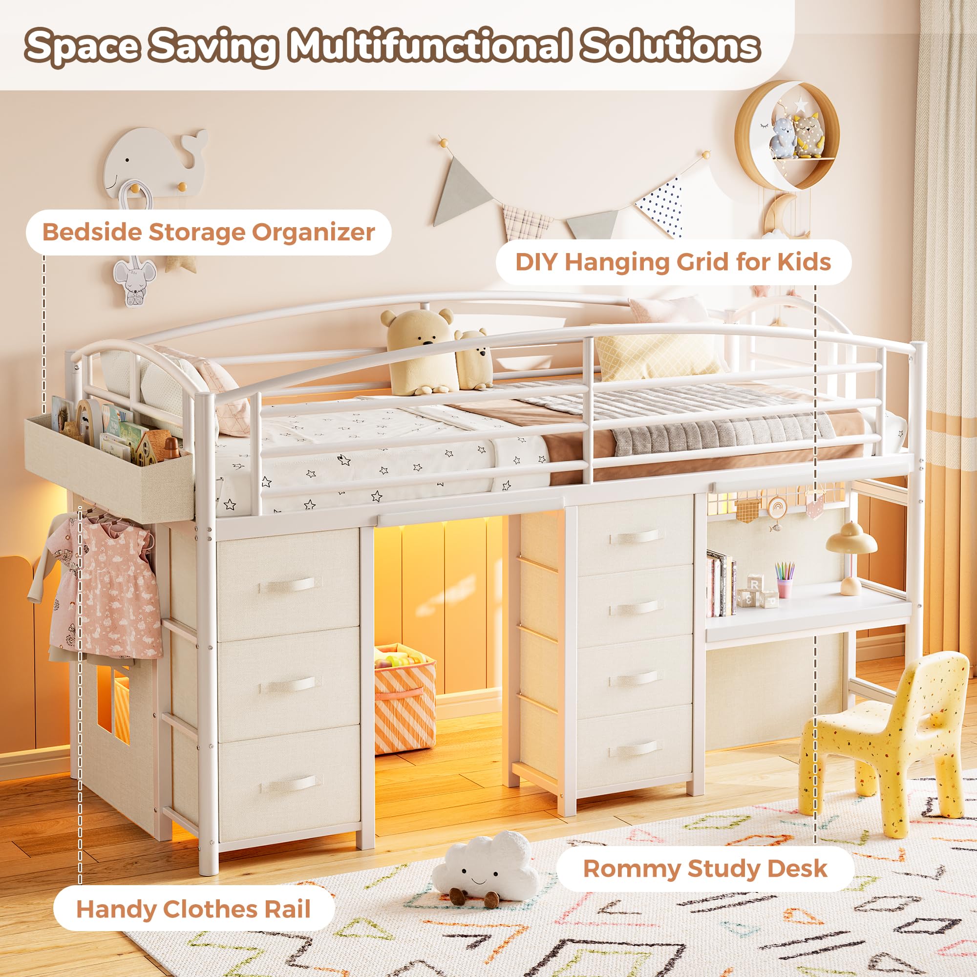 Twin Loft Bed with 7 Storage Drawers Desk and LED Lights