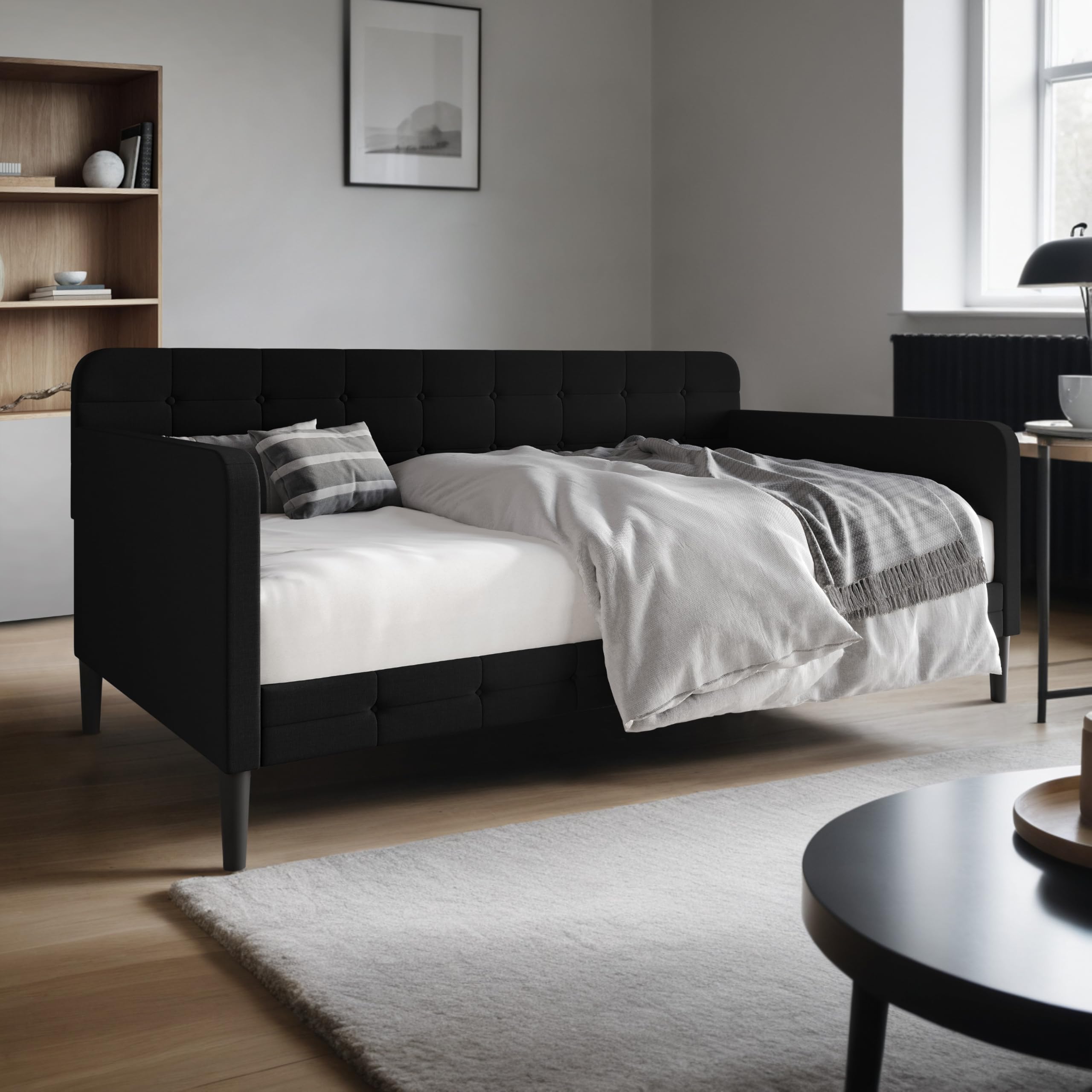 Fallon Linen Upholstered Button Tufted Daybed with Square Recessed Arms - Black