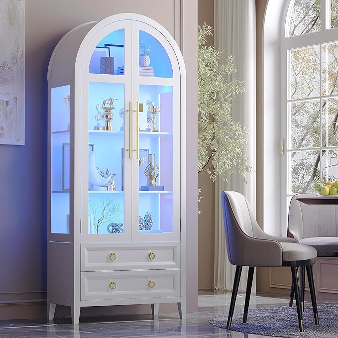 71" Arched Display Cabinet with LED Lights and Glass Doors