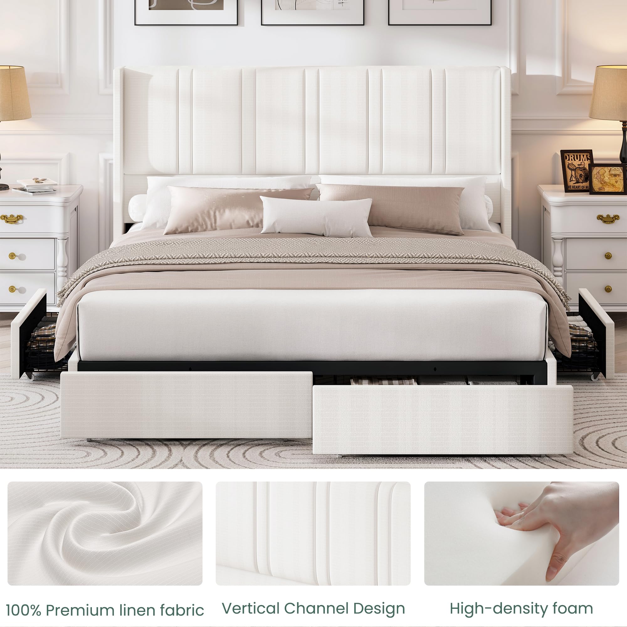 King Size Bed Frame with Storage Drawers and Wingback Headboard