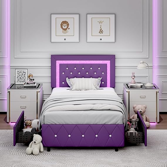 Queen LED Bed Frame with Storage Drawers