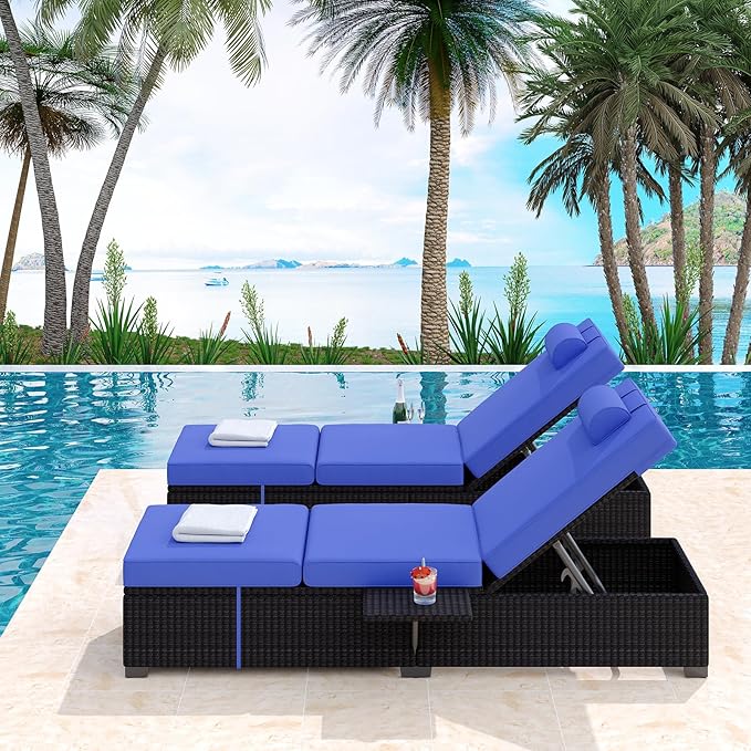 Outdoor PE Wicker Chaise Lounge Set of 2 with Storage Table
